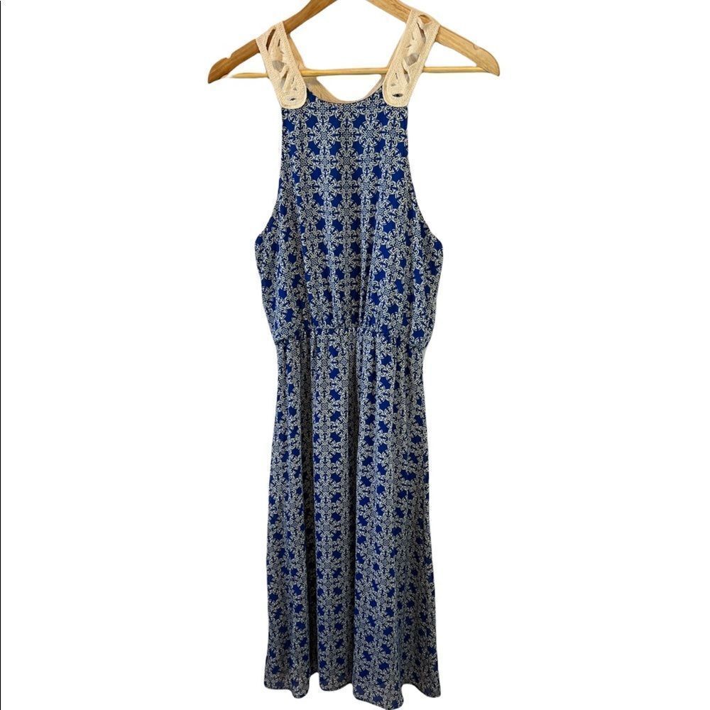 Blue Patterned Crochet Back Gathered Waist Long Dress M - Picture 2 of 11